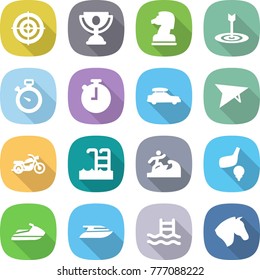 flat vector icon set - target vector, trophy, chess horse, stopwatch, car baggage, deltaplane, motorcycle, pool, surfer, golf, jet ski, yacht