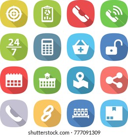 flat vector icon set - target vector, report, phone, call, 24 7, calculator, add to basket, unlock, calendar, university, map, share, link, spices, package