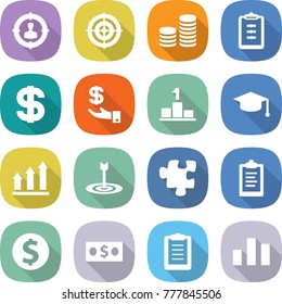 flat vector icon set - target audience vector, coin stack, clipboard, dollar, investment, pedestal, graduate hat, graph up, puzzle, money, chart