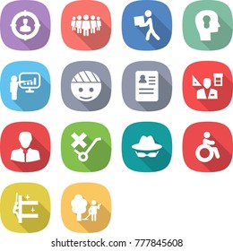 flat vector icon set - target audience vector, team, courier, bulb head, presentation, bandaged, anamnesis, architecture, client, do not trolley sign, confidential, invalid, skyscrapers cleaning