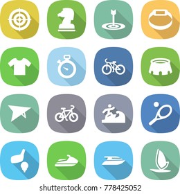 flat vector icon set - target vector, chess horse, smart bracelet, t shirt, stopwatch, bike, stadium, deltaplane, surfer, tennis, golf, jet ski, yacht, windsurfing