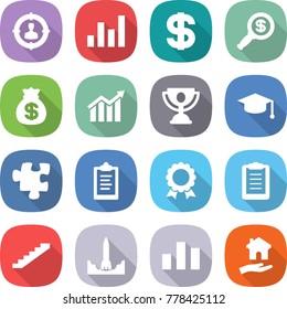 flat vector icon set - target audience vector, graph, dollar, magnifier, money bag, diagram, trophy, graduate hat, puzzle, clipboard, medal, stairs, rocket start, chart, housing