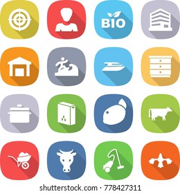 flat vector icon set - target vector, woman, bio, office, warehouse, surfer, yacht, chest of drawers, pan, cereals, lemon, cow, wheelbarrow, vacuum cleaner, hard reach place cleaning