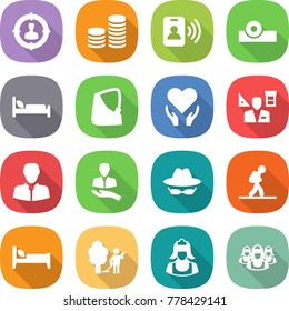 flat vector icon set - target audience vector, coin stack, pass card, head reflector, hospital bed, broken hand, health care, architector, client, confidential, tourist, garden cleaning, cleaner