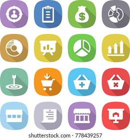 flat vector icon set - target audience vector, clipboard, money bag, circle diagram, presentation, graph up, add to cart, basket, delete, market, shopping list