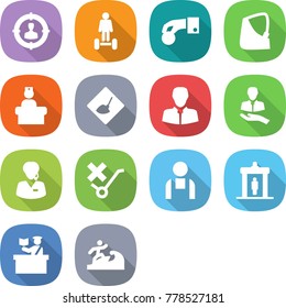 flat vector icon set - target audience vector, hoverboard, hand coin, broken, hospital recieption, under construction, client, support manager, do not trolley sign, workman, detector, inspector