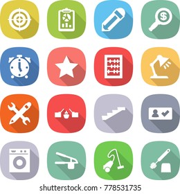 flat vector icon set - target vector, report, pencil, dollar magnifier, alarm clock, star, abacus, table lamp, wrench, drawbridge, stairs, check in, washing machine, garlic clasp, vacuum cleaner