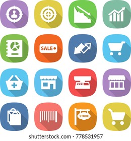 flat vector icon set - target audience vector, crisis, diagram, annual report, sale, up down arrow, cart, add to basket, shop, market scales, shopping bag, bar code, store signboard