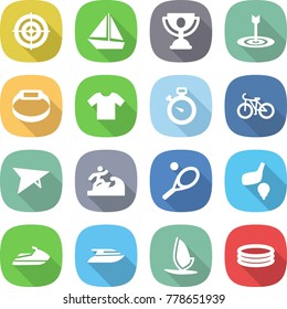 flat vector icon set - target vector, boat, trophy, smart bracelet, t shirt, stopwatch, bike, deltaplane, surfer, tennis, golf, jet ski, yacht, windsurfing, inflatable pool