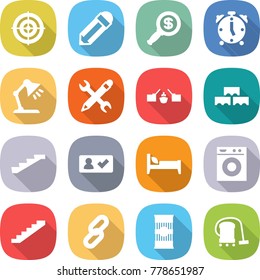 flat vector icon set - target vector, pencil, dollar magnifier, alarm clock, table lamp, wrench, drawbridge, block wall, stairs, check in, bed, washing machine, link, pasta, vacuum cleaner