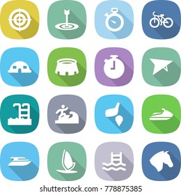 flat vector icon set - target vector, stopwatch, bike, dome house, stadium, deltaplane, pool, surfer, golf, jet ski, yacht, windsurfing, horse