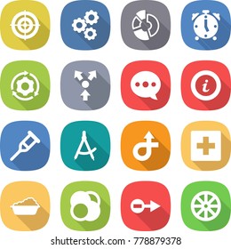 flat vector icon set - target vector, gear, circle diagram, alarm clock, around, core splitting, balloon, info, crutch, draw compass, trip, first aid, washing, atom, electron, wheel