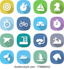 flat vector icon set - target vector, stopwatch, boat, chess horse, bike, dome house, deltaplane, pool, diving mask, surfer, golf, yacht, windsurfing