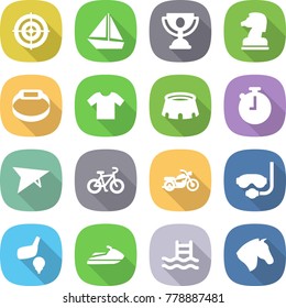 flat vector icon set - target vector, boat, trophy, chess horse, smart bracelet, t shirt, stadium, stopwatch, deltaplane, bike, motorcycle, diving mask, golf, jet ski, pool