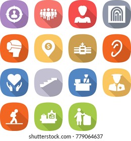 flat vector icon set - target audience vector, team, woman, fingerprint, virtual mask, dollar pin, hospital, ear, health care, stairs, customs control, security man, tourist, baggage checking