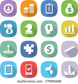 flat vector icon set - target audience vector, coin stack, clipboard, money bag, gift, chess horse, bulb head, graph up, puzzle, dollar, stairs, mobile checking, golf, rocket start