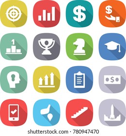 flat vector icon set - target vector, graph, dollar, investment, pedestal, trophy, chess horse, graduate hat, bulb head, up, clipboard, money, mobile checking, golf, stairs, rocket start