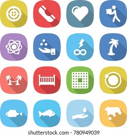 flat vector icon set - target vector, phone, heart, courier, atom, chemical industry, infinity power, palm, hammock, crib, cpu, orbit, fish, hand and drop, spot