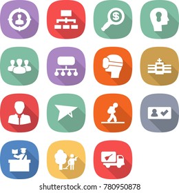 flat vector icon set - target audience vector, hierarchy, dollar magnifier, bulb head, group, structure, virtual mask, hospital, client, deltaplane, tourist, check in, inspector, garden cleaning