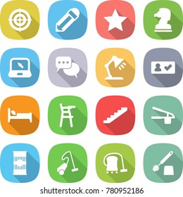 flat vector icon set - target vector, pencil, star, chess horse, notebook, discussion, table lamp, check in, bed, Chair for babies, stairs, garlic clasp, pasta, vacuum cleaner, toilet brush