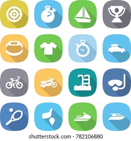 flat vector icon set - target vector, stopwatch, boat, trophy, smart bracelet, t shirt, car baggage, bike, motorcycle, pool, diving mask, tennis, golf, jet ski, yacht