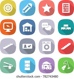 flat vector icon set - target vector, pencil, star, abacus, monitor arrow, warehouse, discussion, block wall, stairs, check in, washing machine, garlic clasp, pasta, cheese, vacuum cleaner