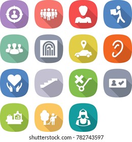 flat vector icon set - target audience vector, team, woman, courier, group, fingerprint, car pointer, ear, health care, stairs, do not trolley sign, check in, baggage checking, garden cleaning