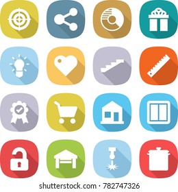 flat vector icon set - target vector, share, circle diagram, gift, bulb, heart, stairs, ruler, medal, cart, home, power switch, unlocked, garage, laser, pan