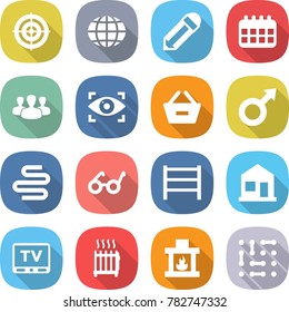 flat vector icon set - target vector, globe, pencil, calendar, group, eye identity, remove from basket, male sign, intestines, pacemaker, rack, home, tv, radiator, fireplace, circuit