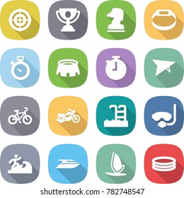 flat vector icon set - target vector, trophy, chess horse, smart bracelet, stopwatch, stadium, deltaplane, bike, motorcycle, pool, diving mask, surfer, yacht, windsurfing, inflatable