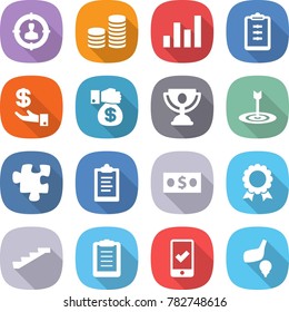 flat vector icon set - target audience vector, coin stack, graph, clipboard, investment, money gift, trophy, puzzle, medal, stairs, mobile checking, golf