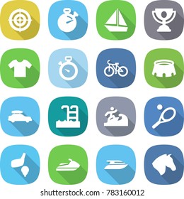 flat vector icon set - target vector, stopwatch, boat, trophy, t shirt, bike, stadium, car baggage, pool, surfer, tennis, golf, jet ski, yacht, horse