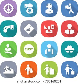 flat vector icon set - target audience vector, money gift, call center, courier, hand coin, under construction, architector, client, customs, workman, confidential, surfer, trash, garbage bin