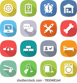 flat vector icon set - target vector, report, alarm clock, warehouse, notebook, discussion, pencil wrench, bone, drawbridge, block wall, check in, bed, garlic clasp, vacuum cleaner, washing machine