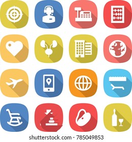 flat vector icon set - target vector, call center, cashbox, abacus, heart, kidneys, houses, globe, plane, mobile location, lounger, rocking chair, press, beans, wine