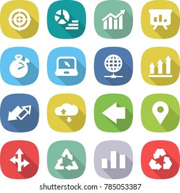 flat vector icon set - target vector, diagram, presentation, stopwatch, notebook, globe connect, graph up, down arrow, cloud service, left, geo pin, route, recycle, chart, recycling