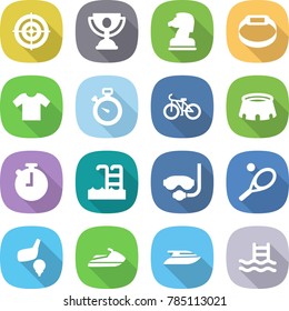 flat vector icon set - target vector, trophy, chess horse, smart bracelet, t shirt, stopwatch, bike, stadium, pool, diving mask, tennis, golf, jet ski, yacht