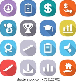 flat vector icon set - target audience vector, clipboard, dollar, investment, money gift, trophy, graduate hat, graph up, medal, stairs, golf, rocket start, chart, housing