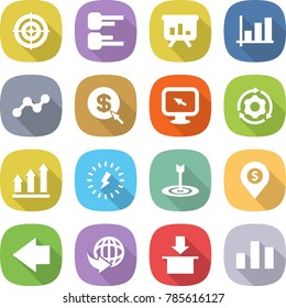 flat vector icon set - target vector, diagram, presentation, graph, dollar arrow, monitor, around gear, up, lightning, pin, left, delivery, package, chart