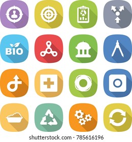 flat vector icon set - target audience vector, report, core splitting, bio, spinner, goverment house, drawing compasses, trip, first aid, lifebuoy, ring button, washing, recycle, gears, reload