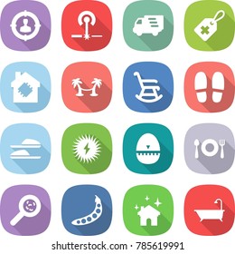 flat vector icon set - target audience vector, laser, delivery, medical label, smart house, palm hammock, rocking chair, slippers, solar power, egg timer, fork spoon plate, viruses, peas, cleaning