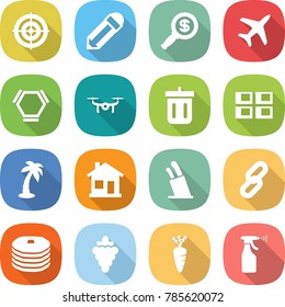 flat vector icon set - target vector, pencil, dollar magnifier, plane, hex molecule, drone, bin, panel house, palm, home, stands for knives, link, pancakes, grape, carrot, sprayer
