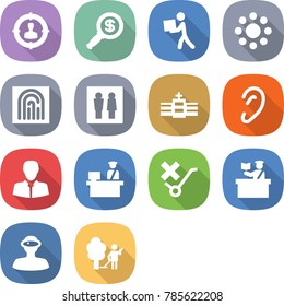 flat vector icon set - target audience vector, dollar magnifier, courier, round around, fingerprint, wc, hospital, ear, client, customs control, do not trolley sign, inspector, vr helmet