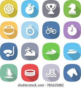flat vector icon set - target vector, stopwatch, trophy, chess horse, smart bracelet, bike, diving mask, surfer, jet ski, yacht, windsurfing, inflatable pool