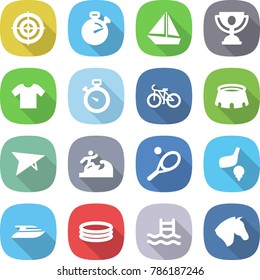 flat vector icon set - target vector, stopwatch, boat, trophy, t shirt, bike, stadium, deltaplane, surfer, tennis, golf, yacht, inflatable pool, horse