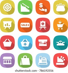 flat vector icon set - target vector, crisis, investment, purse, presentation, sale, add to cart, basket, market scales, shopping bag, cashbox