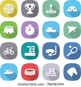 flat vector icon set - target vector, trophy, dome house, stadium, stopwatch, car baggage, deltaplane, bike, pool, diving mask, tennis, yacht, inflatable, horse