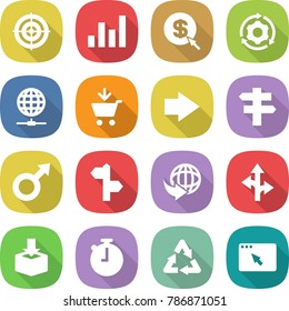 flat vector icon set - target vector, graph, dollar arrow, around gear, globe connect, add to cart, right, singlepost, male sign, signpost, delivery, route, package, stopwatch, recycle