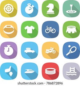 flat vector icon set - target vector, stopwatch, chess horse, smart bracelet, t shirt, bike, stadium, car baggage, motorcycle, tennis, golf, yacht, inflatable pool