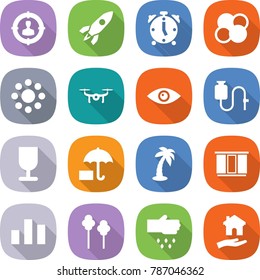 flat vector icon set - target audience vector, rocket, alarm clock, atom core, round around, drone, eye, dropper, fragile, insurance, palm, wardrobe, chart, trees, sow, housing
